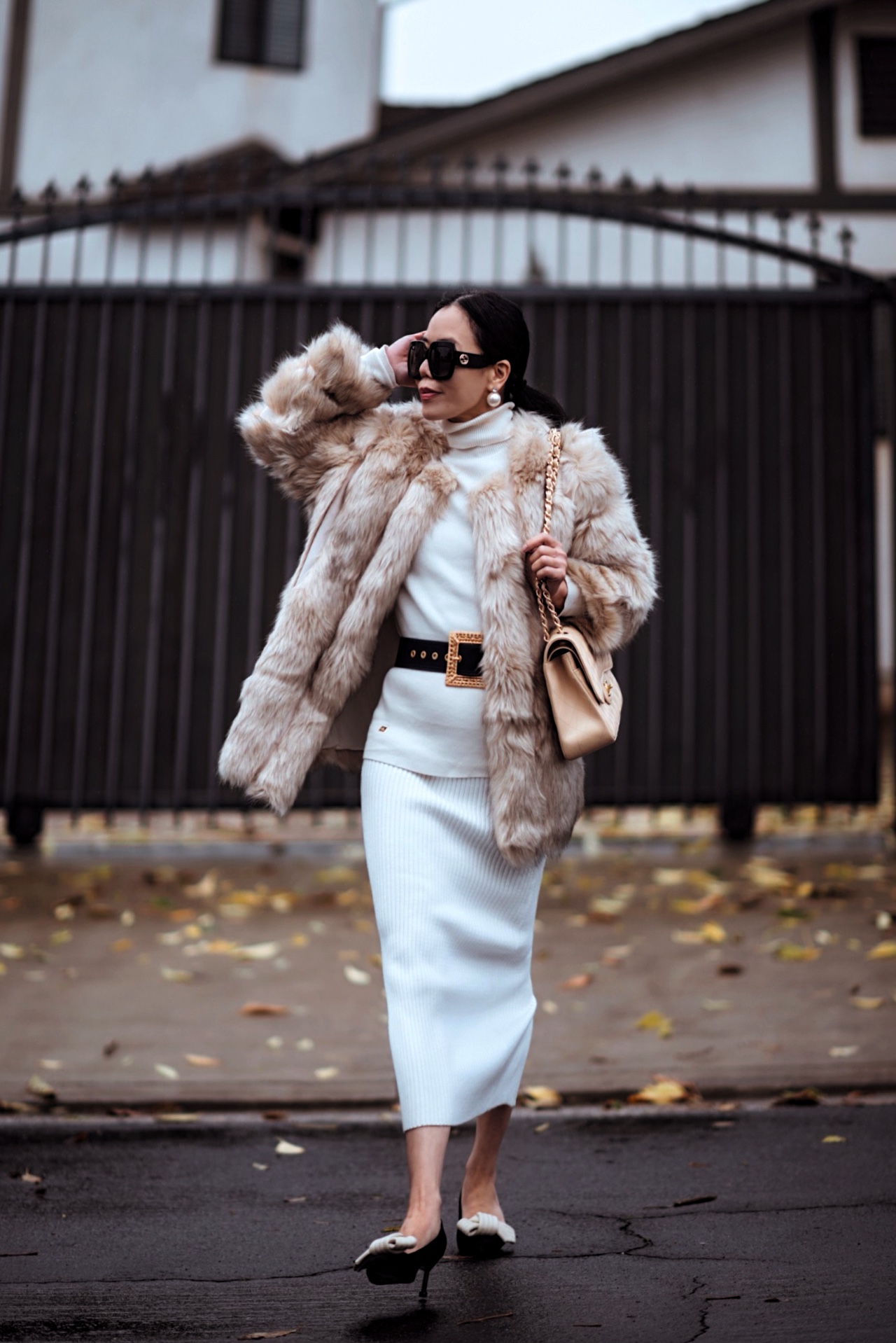 Faux Fur Coat & Knit Skirt