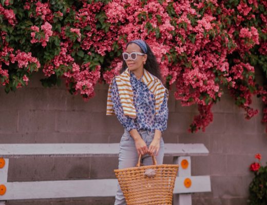 Basket Bag, Floral Blouse, Copped Jeans