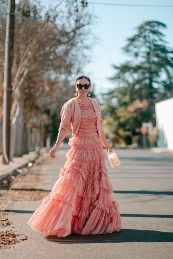 Rose Pink Layered Tulle Maxi Dress