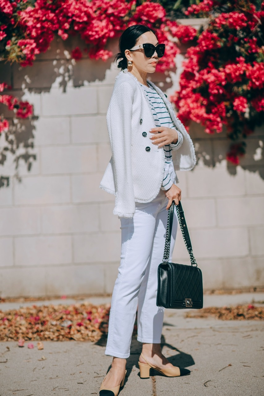 white tweed blazer outfit
