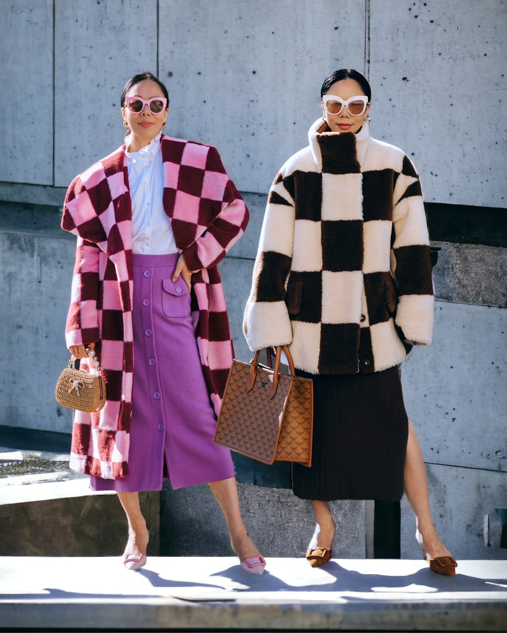 2 Checked Faux Fur Coat Looks, with Knit Dress