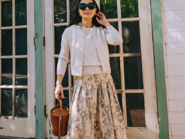 Light Weight Cardigan & Floral Pleated Midi Skirt