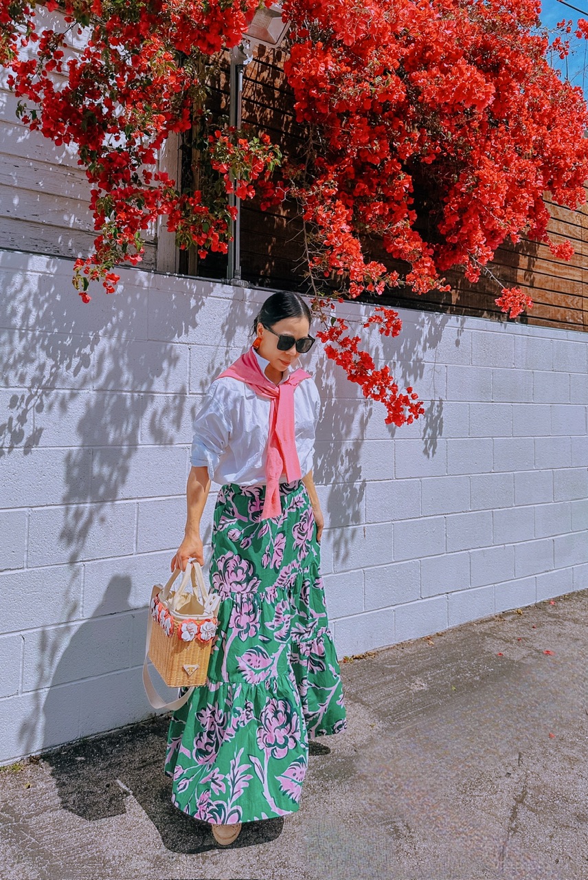 Printed Cotton Skirt, White Button Down Shirt, Spring Style, Boden, J.Crew, Prada