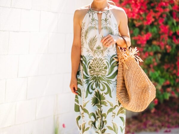 Printed Halter Dress & Raffia Tote Bag