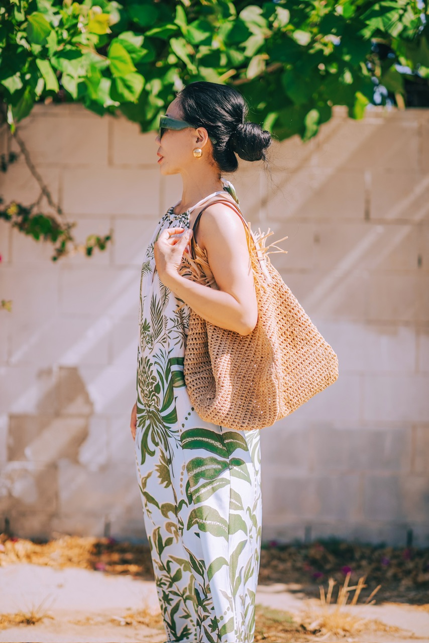 Printed Halter Dress & Raffia Tote Bag