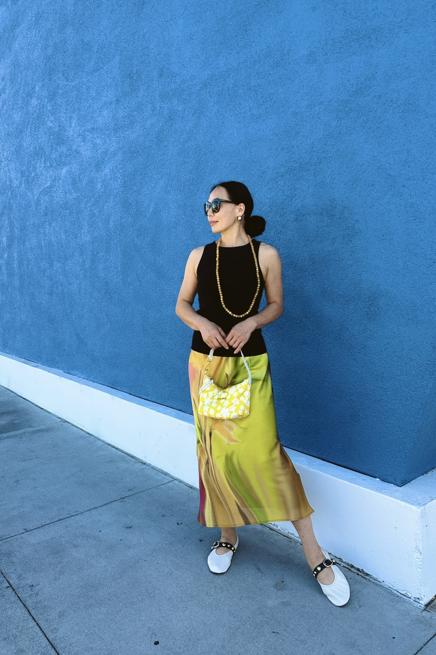 Ribbed Tank Top & Satin Print Midi Skirt