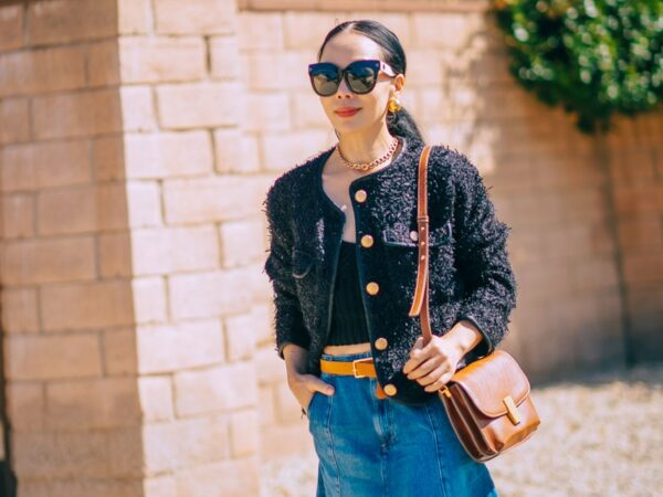 Black Tweed Jacket & Denim Midi Skirt