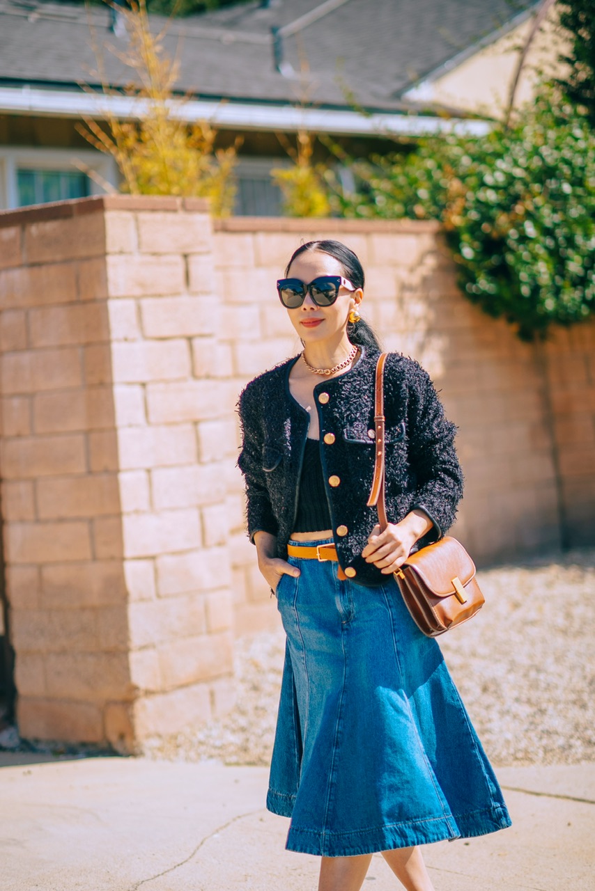 Black Tweed Jacket & Denim Midi Skirt