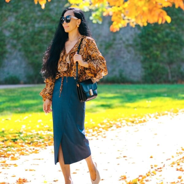 Leopard Printed Blouse & Blue Pencil Skirt