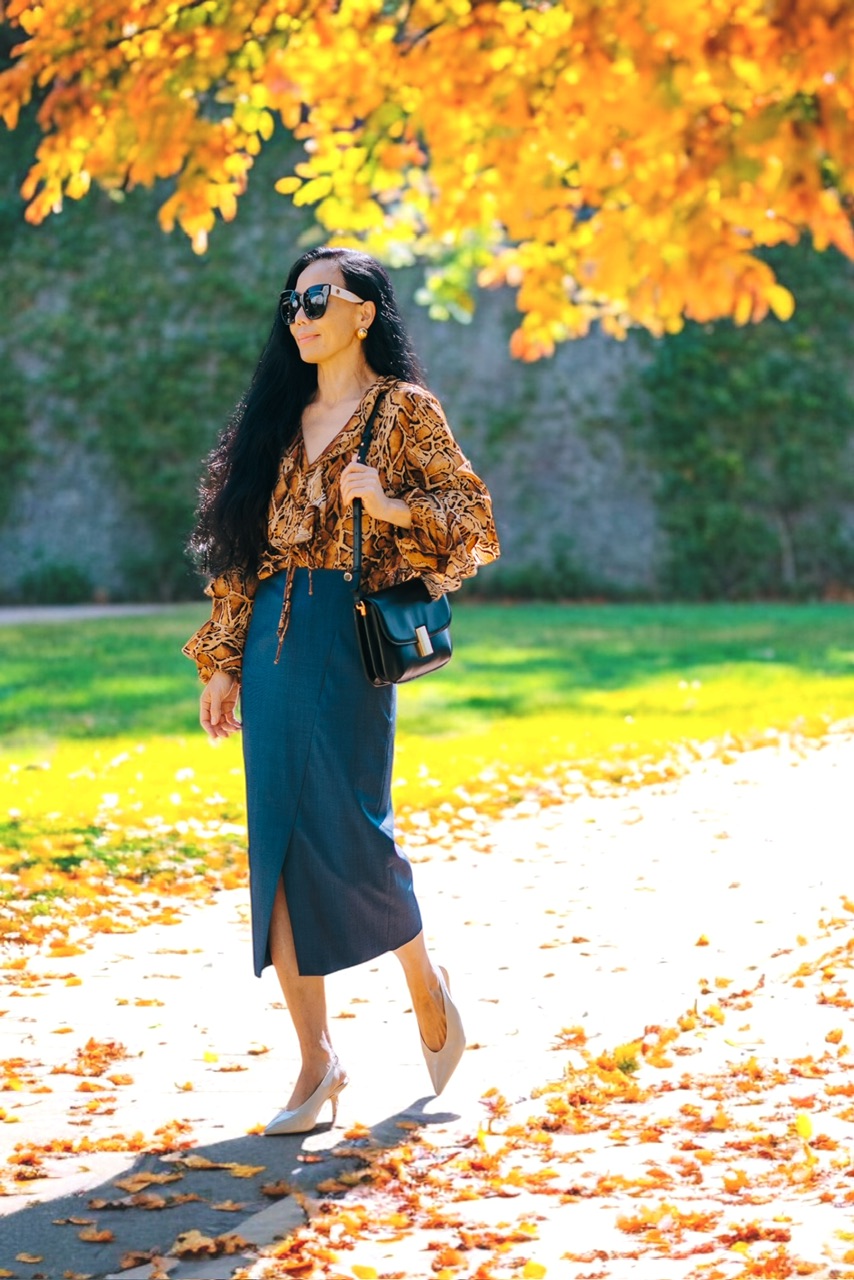 Leopard Printed Blouse & Blue Pencil Skirt