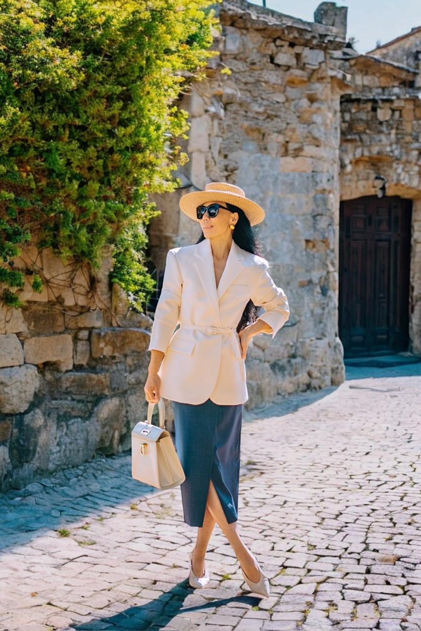 Classic Early Fall: Belted Blazer & Pencil Skirt