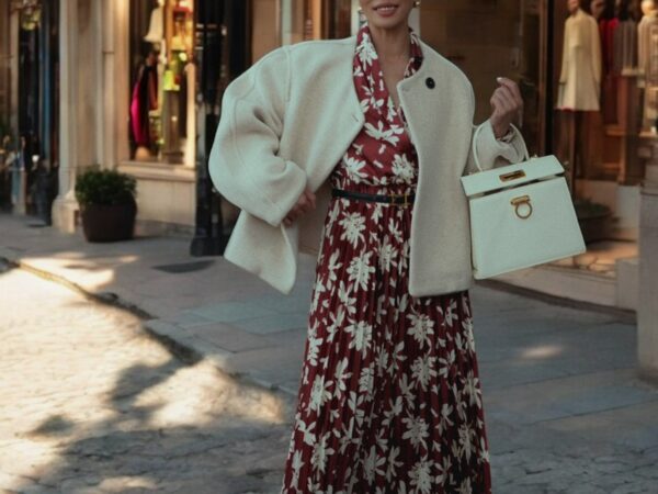 Fall Outfit In Floral Midi Dress & Wool coat