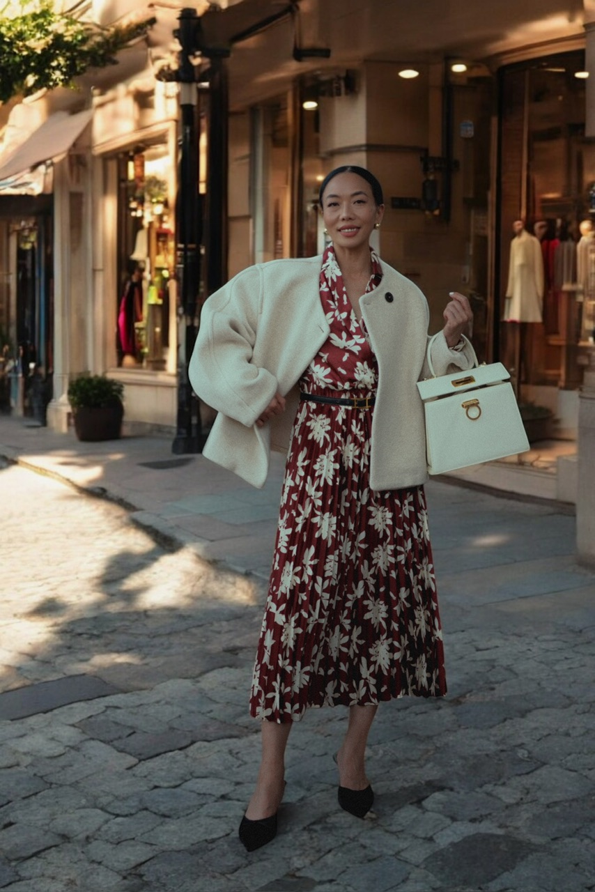 Fall Outfit In Floral Midi Dress & Wool coat