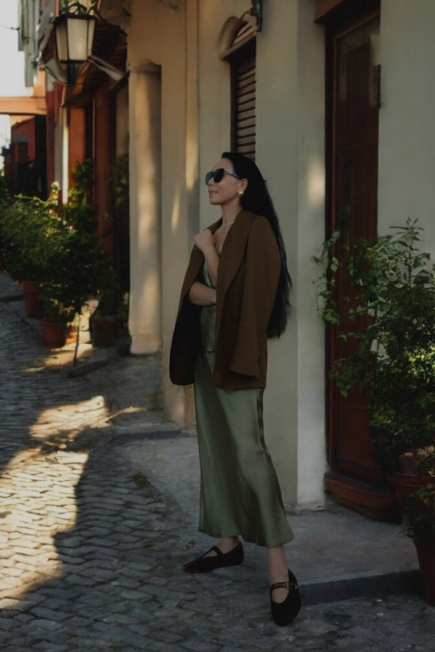 Easy Fall Outfit In Satin Skirt & Brown Blazer