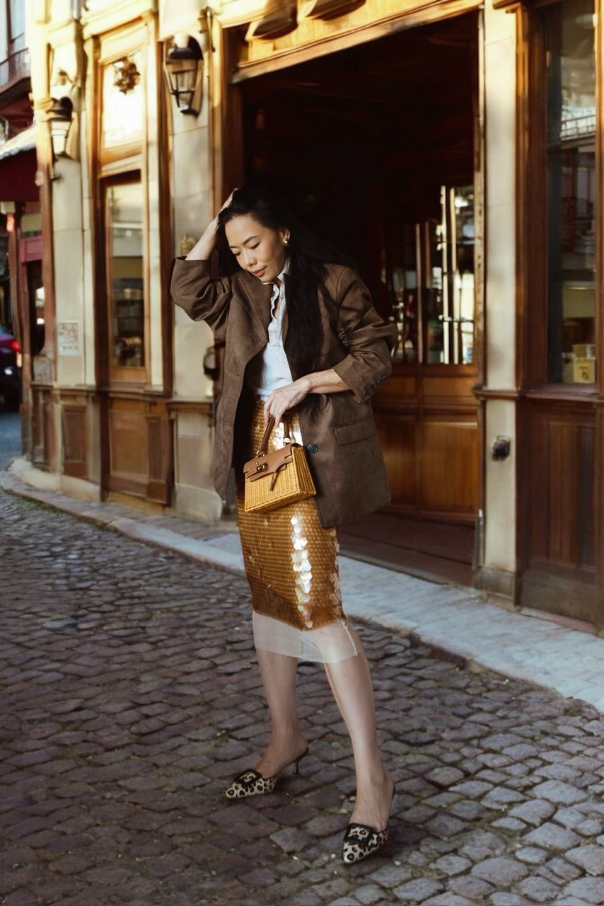 Faux Suede Blazer & Sequined Skirt